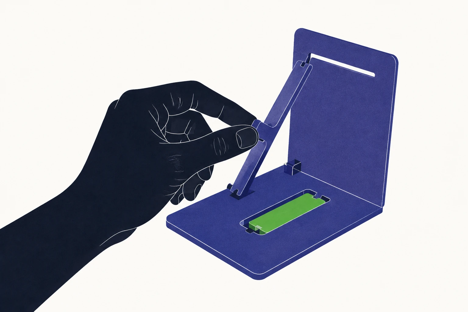 A hand adjusts a working instrument for practice.
