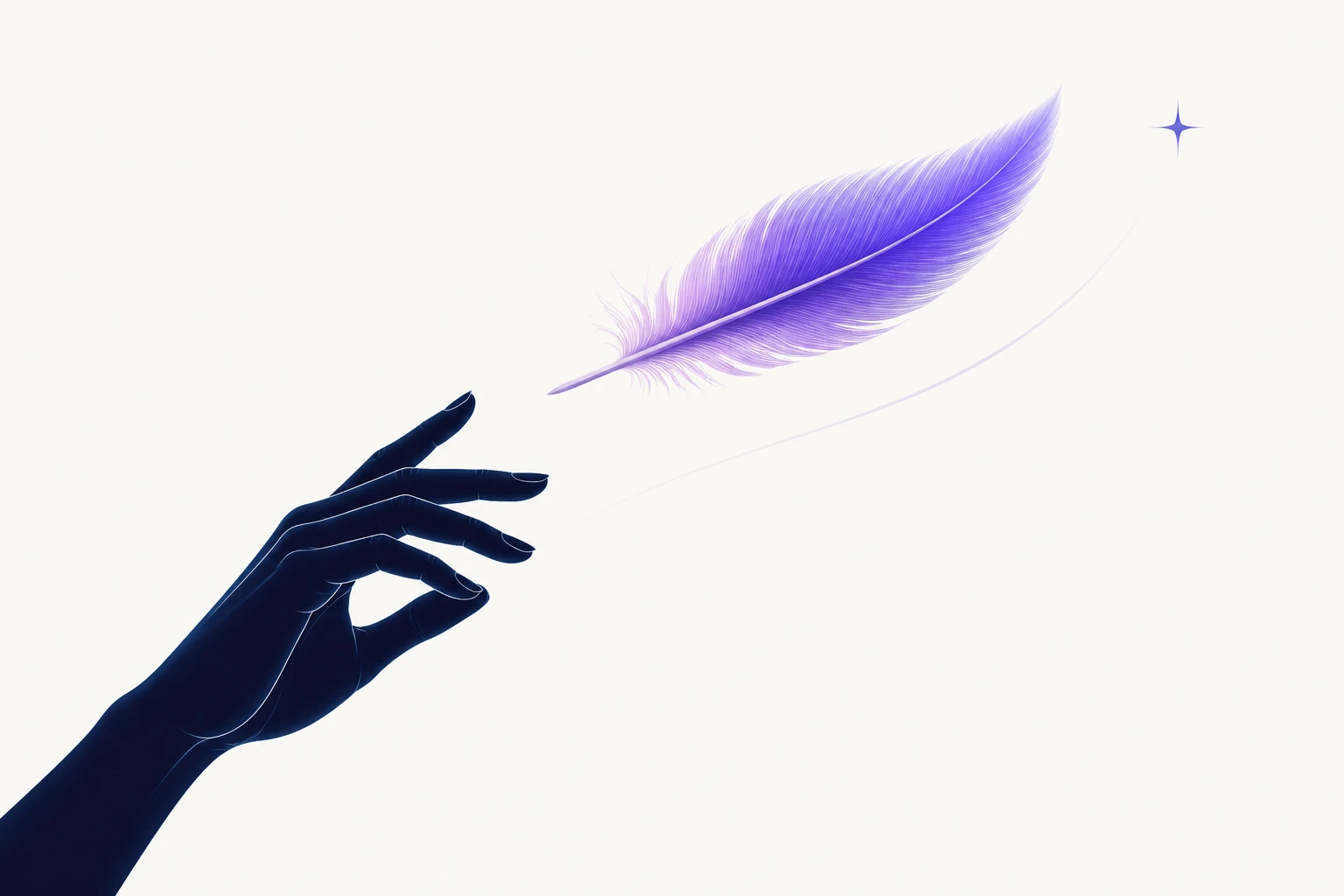 A midnight-blue hand releases a violet feather toward a north star, a symbol of human agency and shared direction.